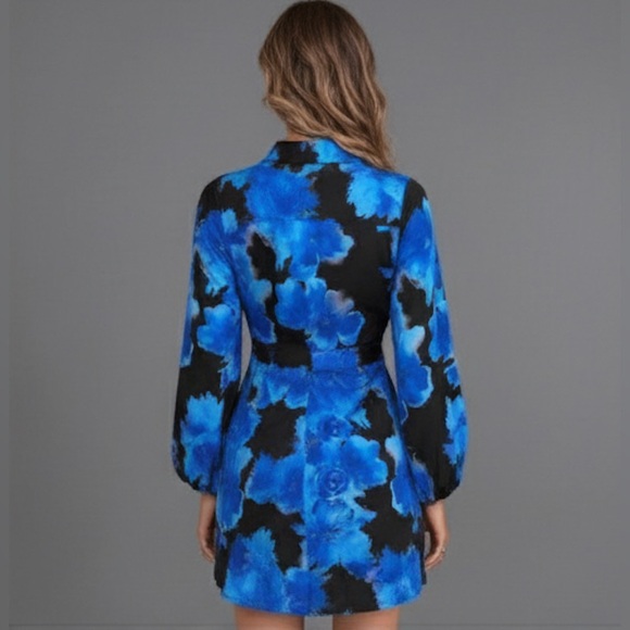 Blue Blossom-Patterned Lantern Sleeve Shirt Dress with Front Tie - Picture 4 of 6